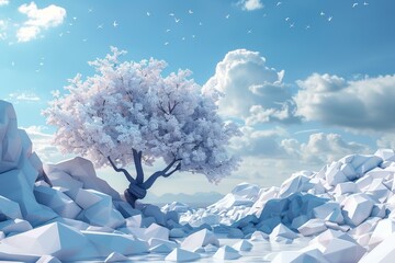 Poster - White Blossoms Tree in Snowy Mountain