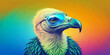 Vulture wearing bright blue glasses against a rainbow background. The vulture's plumage is detailed with various shades of green, suggesting a stylised, almost surrealistic representation.AI generated