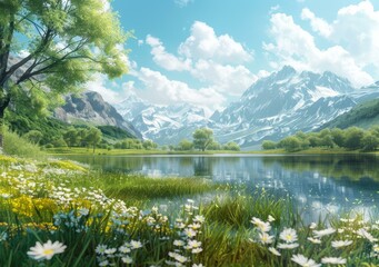 Wall Mural - Mountains, lake and flowers