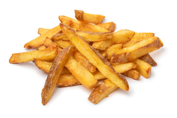 Wall Mural - Heap of fresh baked French peel potato fries isolated on white background close up