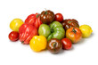 Variation of fresh whole juicy tomatoes isolated on white background close up