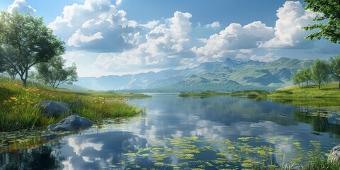 Poster - Tranquil mountain lake landscape with green rolling hills and blue sky