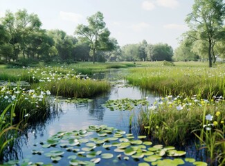 Poster - The river flows through the middle of the green grassland