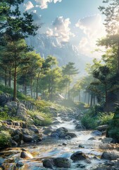 Wall Mural - Tranquil Mountain Stream in Lush Forest Landscape