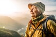 smiling elderly woman on a hike in the mountains on a blurred nature background