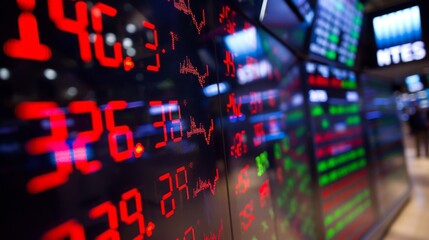 Fototapete - Stock market indices displayed on electronic boards in a financial district