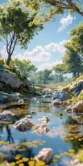 Wall Mural - glimmering creek flowing through a lush sunlit forest