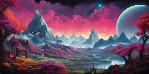 Sticker - another colorful scene of a planet in the sky with mountains in the background