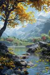 Canvas Print - Mountains, river and flowers