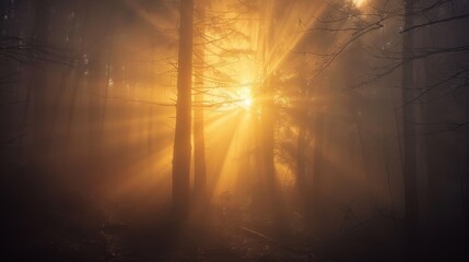 Poster - Sunbeams filtering through foggy woodland as the sun begins its ascent, mystical dawn