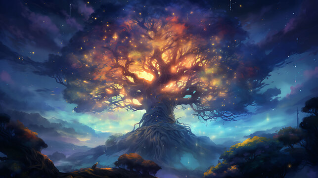 design a watercolor background featuring an ancient tree illuminated by fireflies at dusk