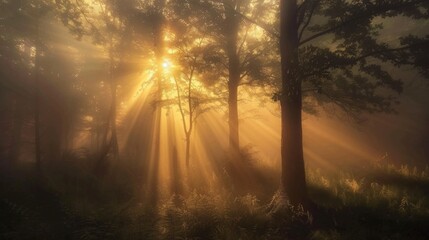 Poster - Sunbeams filtering through foggy woodland as the sun begins its ascent, mystical dawn