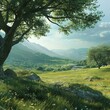 fantasy landscape with green rolling hills and trees