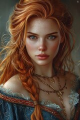 Canvas Print - dnd character art, mediel woman, ginger hair, she is wearing medieval noble soft blue dress