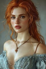 Wall Mural - dnd character art, mediel woman, ginger hair, she is wearing medieval noble soft blue dress