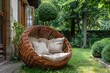 cozy wicker garden chair with pillows on grassy yard