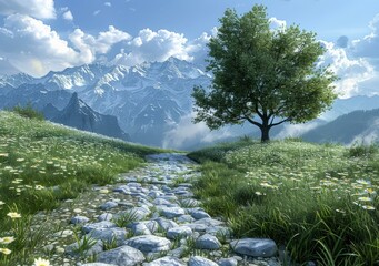 Poster - The stone path through the green field to the mountains