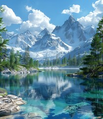 the crystal clear water of a mountain lake reflects the grandeur of the snow capped mountains and su