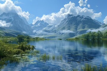 Canvas Print - Mountains and lake landscape with blue sky and white clouds