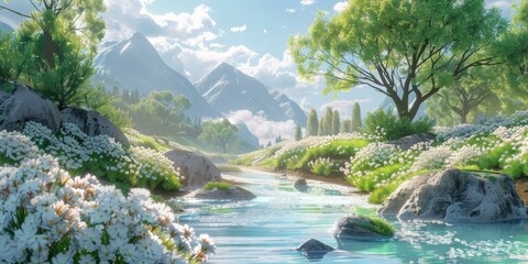 Wall Mural - A river flowing through a valley with snow-capped mountains in the distance