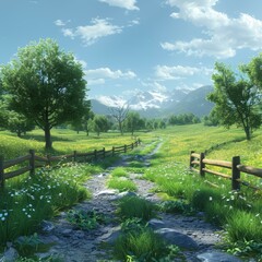 Wall Mural - Countryside dirt road through a lush green field