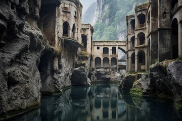 Poster - flooded, gorge lake, medieval town submerged, castle ruins submerged, vajont