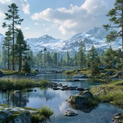 Wall Mural - Mountains, river and trees landscape