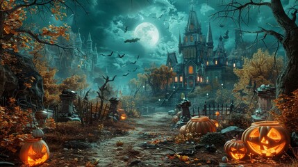 Wall Mural - Spooky Halloween night at a haunted castle
