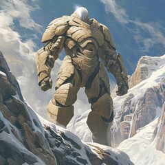 Wall Mural - Giant warrior in armor protects a fantasy frozen land on top of a mountain