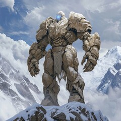 Wall Mural - giant warrior of the frozen land standing on top of the mountain in full body armor