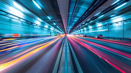 Poster - Vehicles navigating through illuminated tunnels, underground traffic