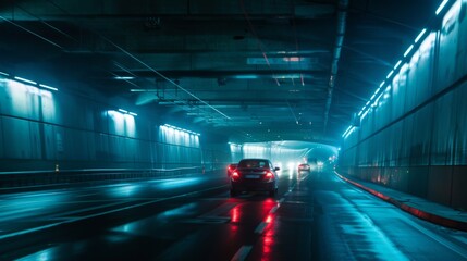 Poster - Vehicles navigating through illuminated tunnels, underground traffic
