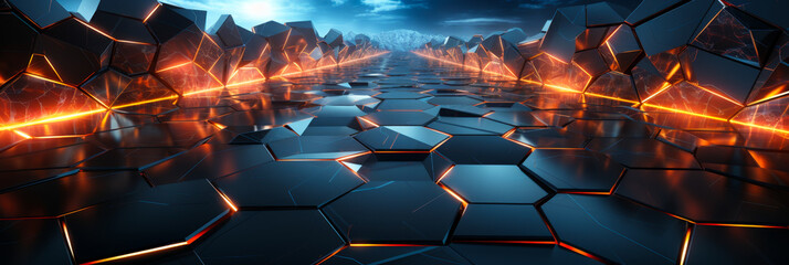 Poster - futuristic geometric landscape with glowing hexagonal patterns in a wide format