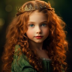 Sticker - super cute little girl with long red curly hair, green eyes, innocent, green medieval clothes, princess, gold diadem