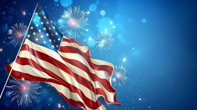 4th of July independence day Vector illustration with the celebration greeting USA flag waving ribbon bunting decoration famous landmarks balloons flag