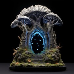 Wall Mural - the entrance to the underdark, scene with trees, giant glowing mushrooms, inside of a stone statue, covered in stone, in the style of miniature illumination, black background