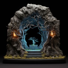 Wall Mural - the entrance to the underdark, scene with trees, giant glowing mushrooms, inside of a stone statue, covered in stone, in the style of miniature illumination, black background