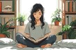 © HUOSEN - 自宅のベッドで本を読んでいる若い女性