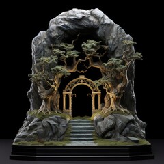 Wall Mural - the entrance with trees inside of a stone statue on black background