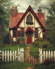 Poster - the medieval country cottage is surrounded by green grass and a white picket fence with open gate, in the style of light crimson and bronze