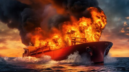 Wall Mural - Fire on a container ship at sea. Shipping is one of the most important engines of the modern economy.