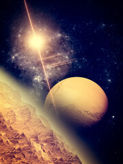 Wall Mural - sci-fi landscape. exoplanet seen from one of its moons. satellites of an extraterrestrial planet. cl