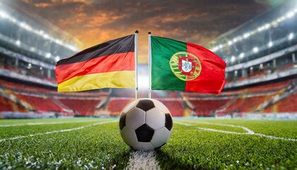 German flag portugal flag with football in a stadium for the European Championship