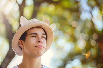 Wall Mural - portrait of happy cute young caucasian man wearing a cat ear hat, natural blurred background