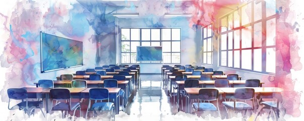 Minimal watercolor of a modern classroom enhancing interactive education in cyberpunk styles, clipart kawaii watercolor on white background