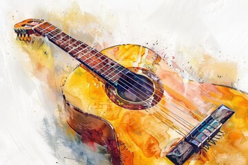 Watercolor of a classical guitar representing the music industry in Japan draw art styles, clipart watercolor easy detail on white background