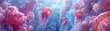 Fototapeta Natura - A beautiful and mesmerizing underwater scene featuring a group of jellyfish. The jellyfish are of various sizes and colors, and they are all swimming gracefully through the water.
