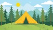 © Victoria - A vibrant yellow tent set against a backdrop of green pines and mountains