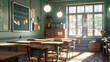 Old-School Classroom, Vintage educational setting with wooden desks, Reimagined with contemporary flair, AI-enhanced realism