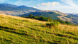 countryside landscape with grassy alpine meadow on the hill. distant mountain ridge beneath a sky with clouds. beautiful summer scenery of carpathian range located in ukraine on a sunny morning